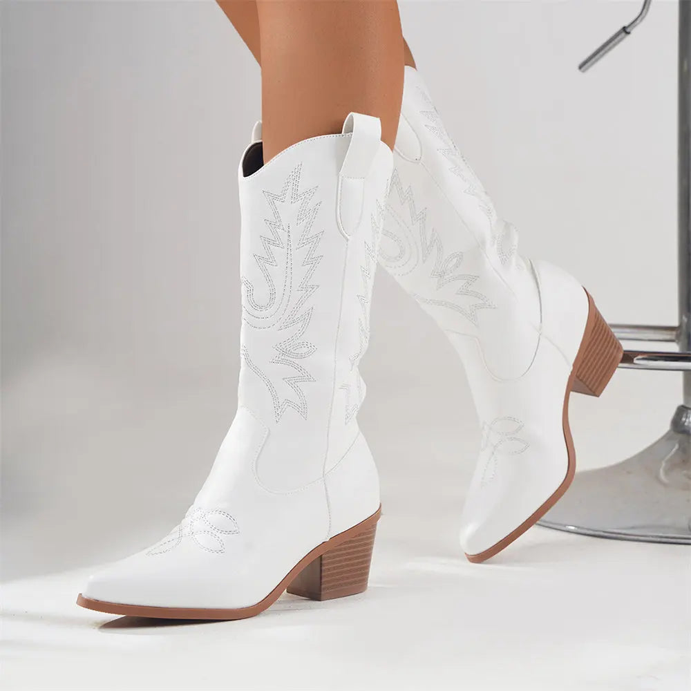 Women's Embroidered Mid-Calf Block Heel Cowboy Boots