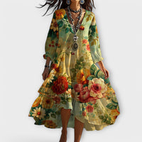 Women's Floral V-Neck 3/4-Sleeve Midi Dress with Tiered Hem