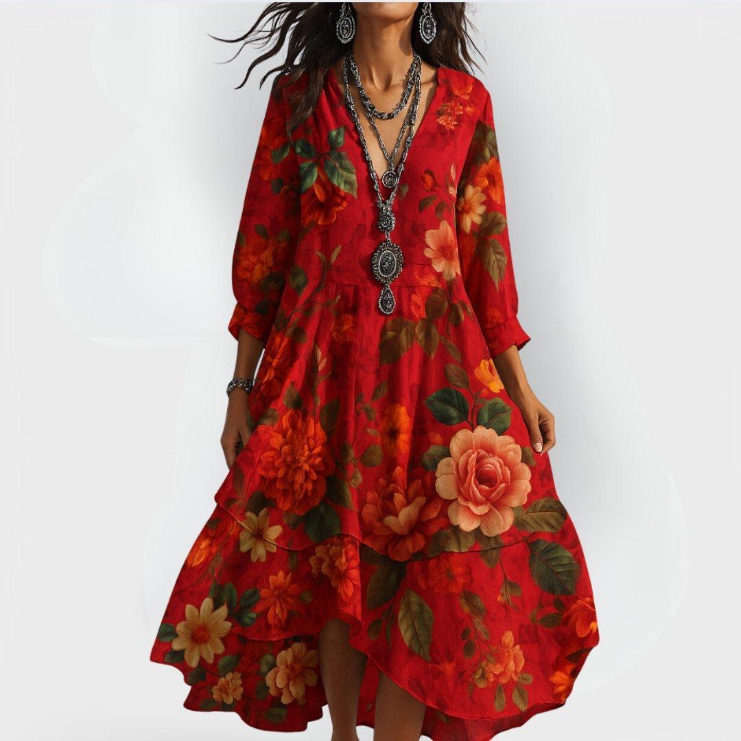 Women's Floral V-Neck 3/4-Sleeve Midi Dress with Tiered Hem