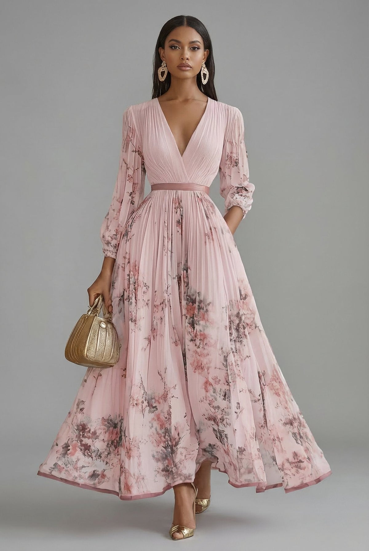 Women's Floral V-Neck Long Sleeve Pleated Maxi Dress