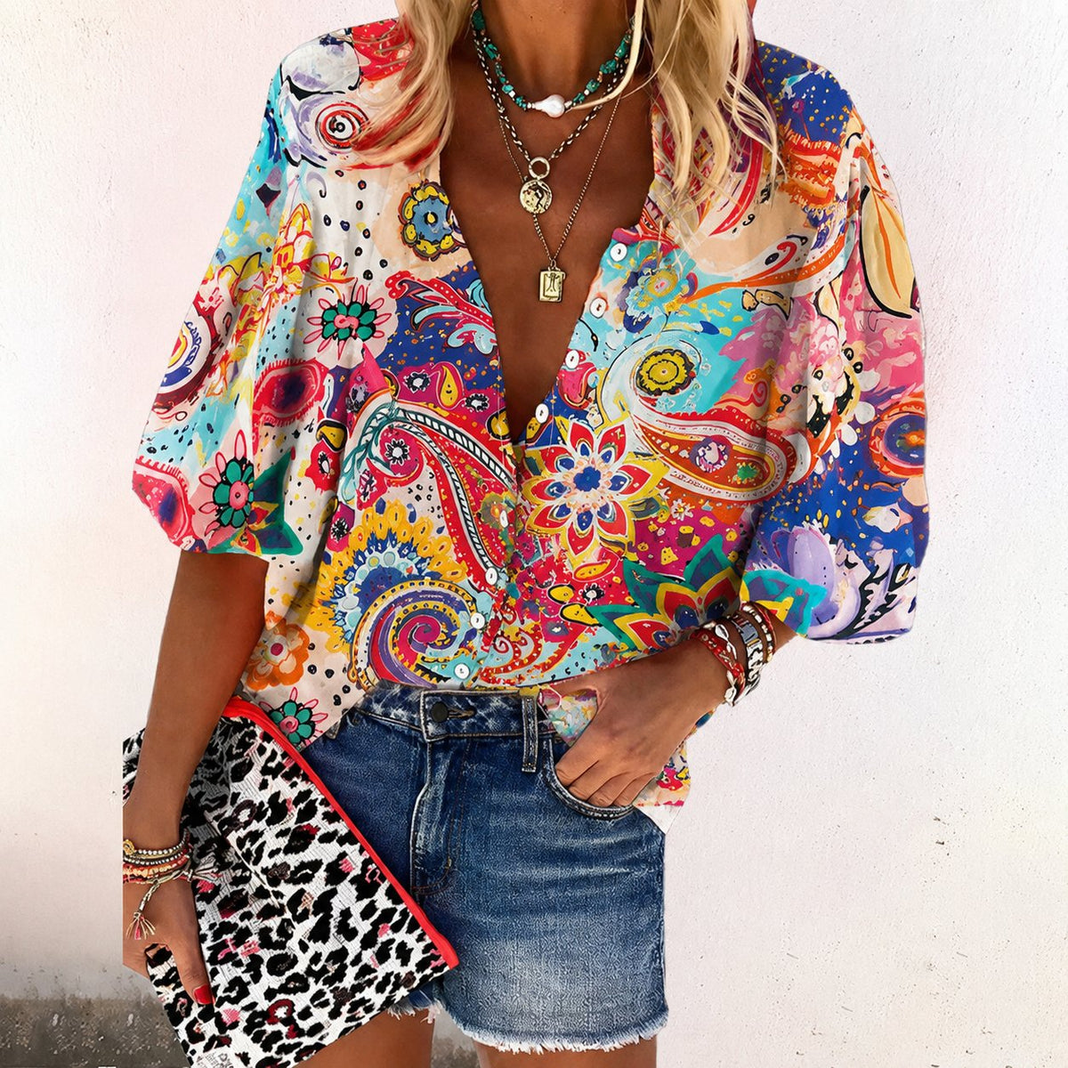 Women's Floral V-Neck Short-Sleeve Button-Front Blouse