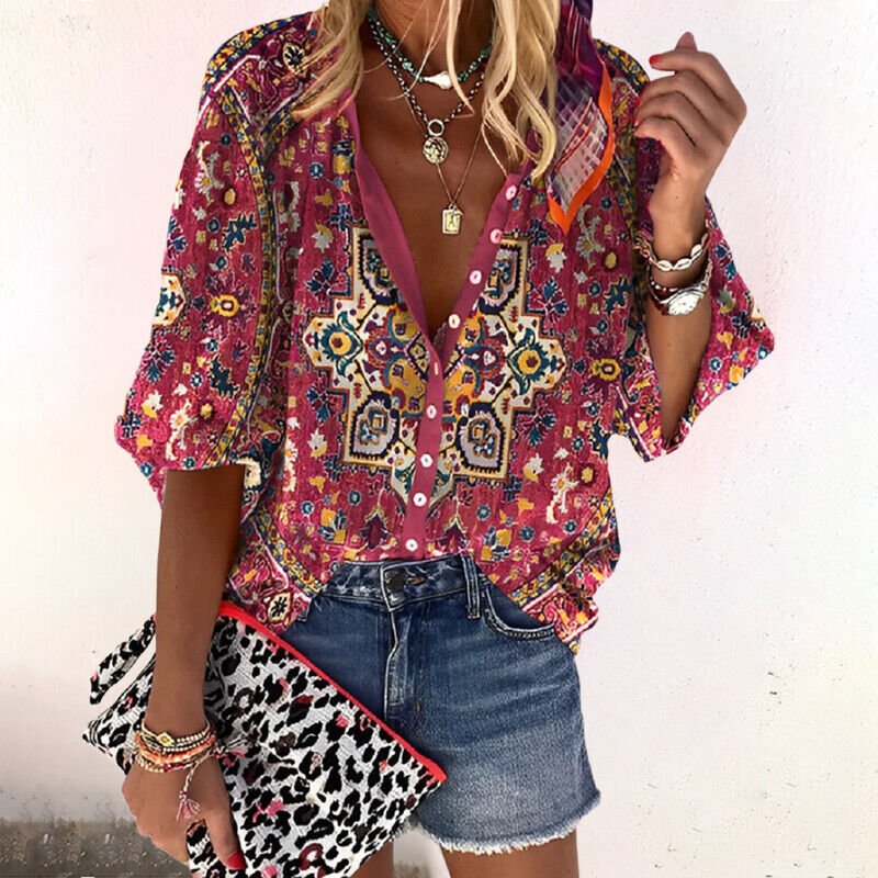 Women's Floral V-Neck Short-Sleeve Button-Front Blouse