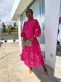 Women's High Neck Long Sleeve A-Line Midi Evening Dress