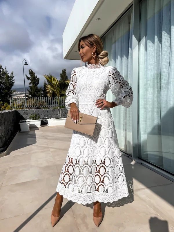 Women's High Neck Long Sleeve A-Line Midi Evening Dress