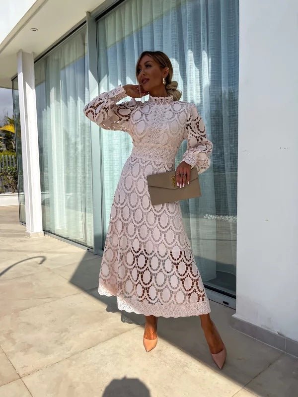 Women's High Neck Long Sleeve A-Line Midi Evening Dress
