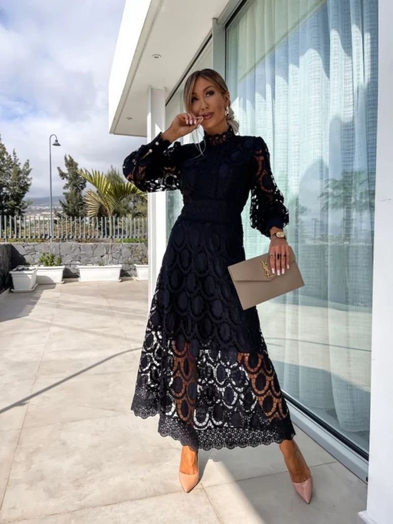 Women's High Neck Long Sleeve A-Line Midi Evening Dress