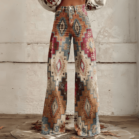 Women's High-Waist Wide-Leg Jeans with Trendy Print