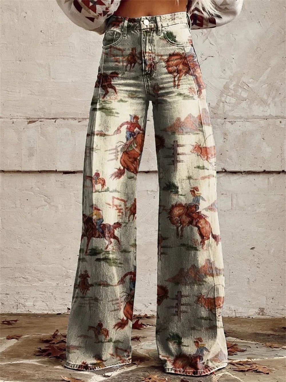 Women's High-Waist Wide-Leg Western Print Pants