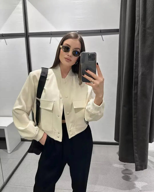Women's Long-Sleeve Button-Front Cropped Bomber Jacket