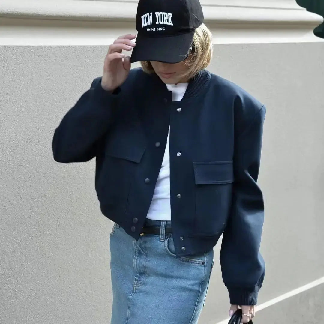 Women's Long-Sleeve Button-Front Cropped Bomber Jacket