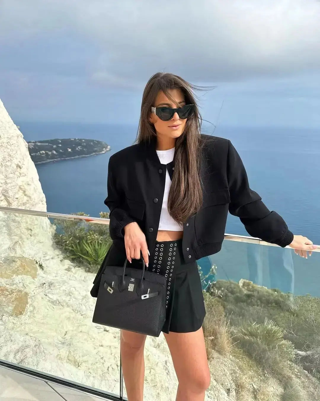 Women's Long-Sleeve Button-Front Cropped Bomber Jacket