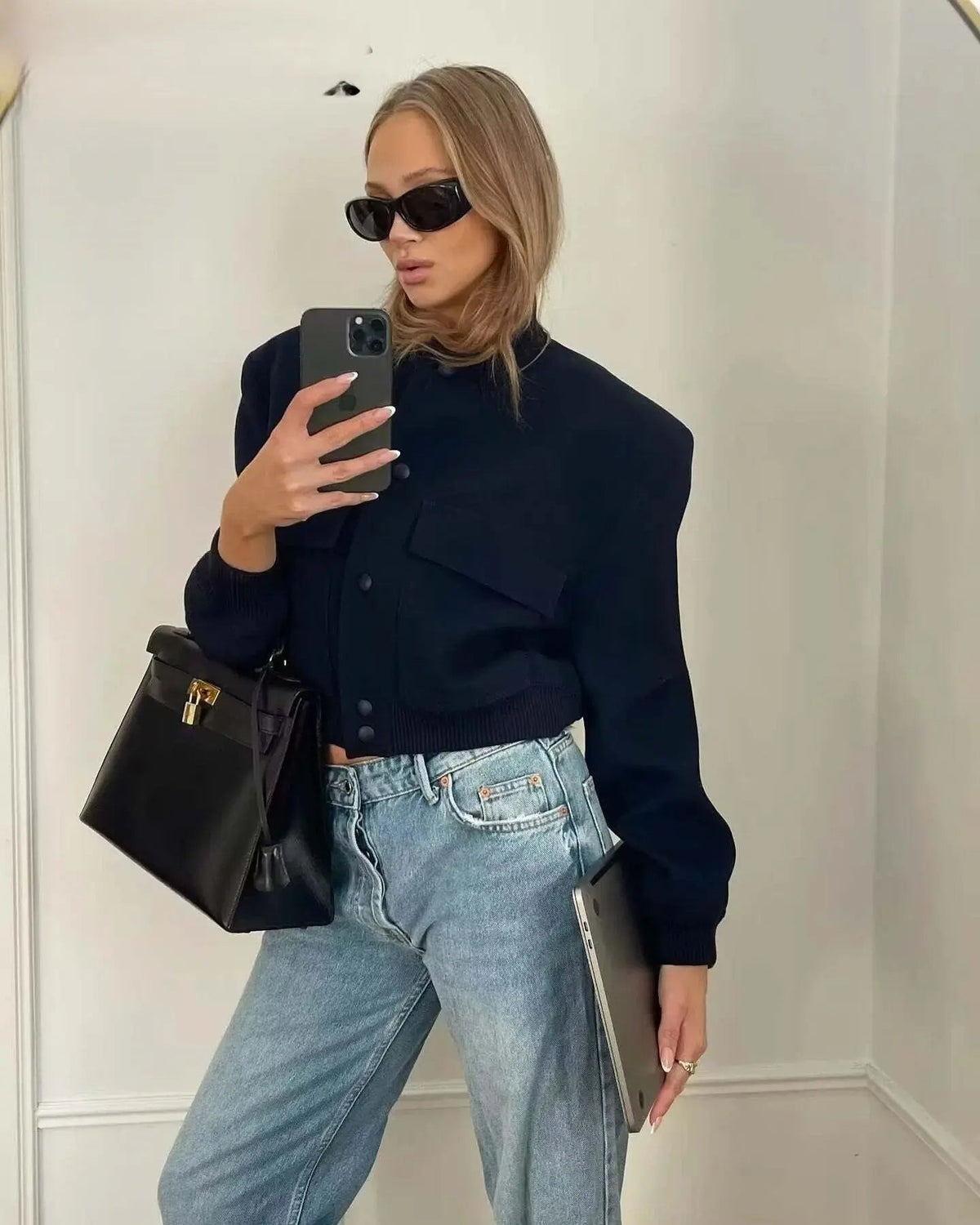 Women's Long-Sleeve Button-Front Cropped Bomber Jacket
