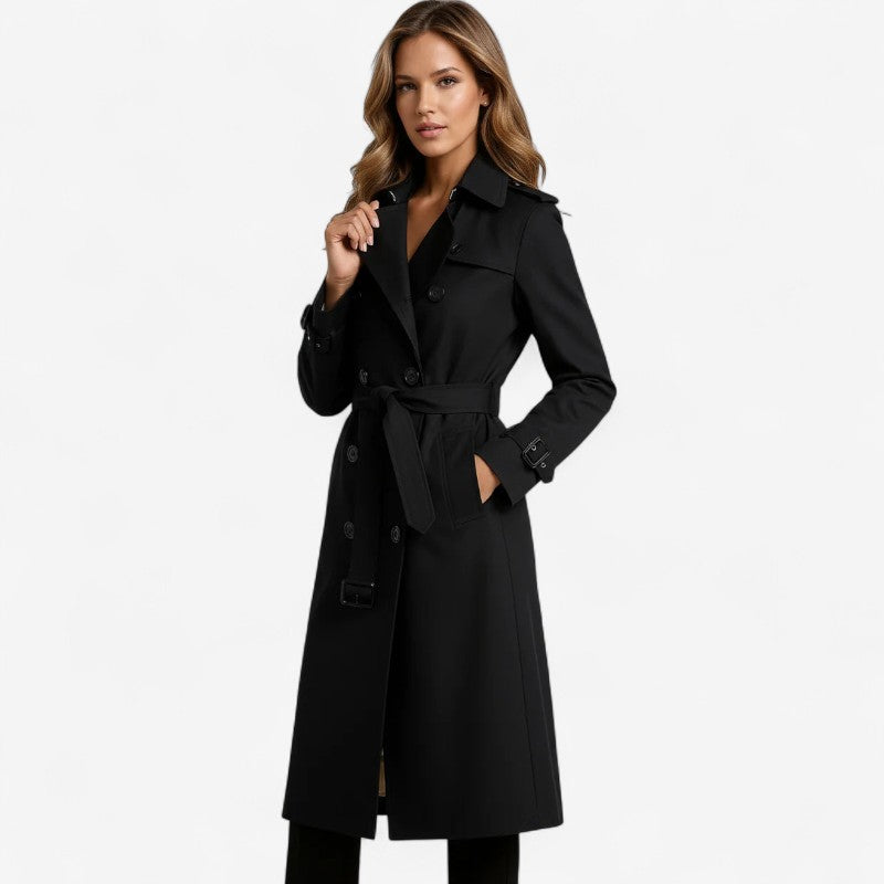 Women's Long Trench Coat with Belt and Long Sleeves