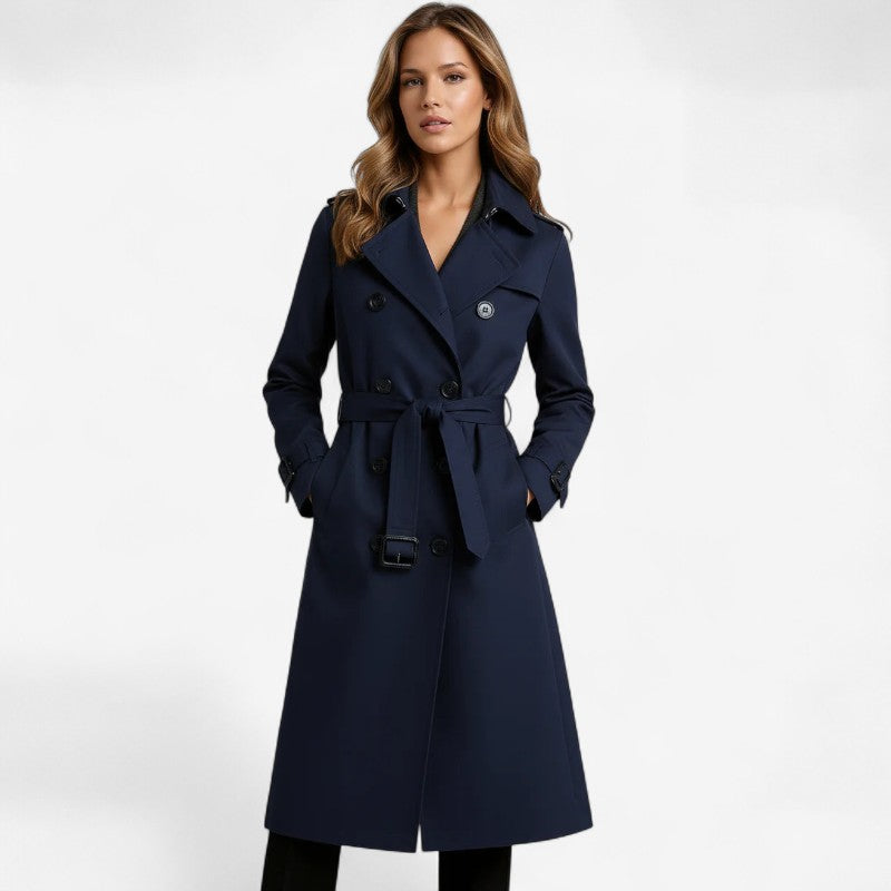 Women's Long Trench Coat with Belt and Long Sleeves