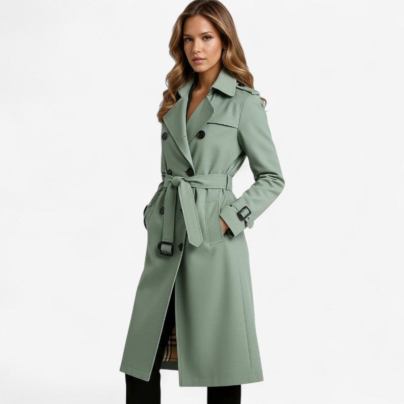 Women's Long Trench Coat with Belt and Long Sleeves