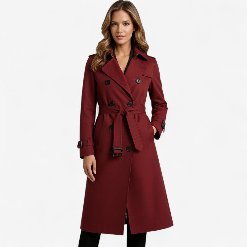 Women's Long Trench Coat with Belt and Long Sleeves