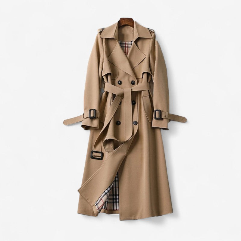 Women's Long Trench Coat with Belt and Long Sleeves