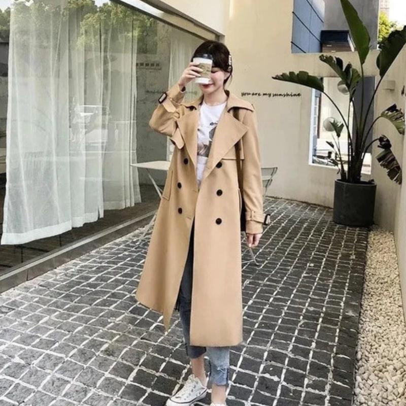 Women's Long Trench Coat with Belt and Long Sleeves