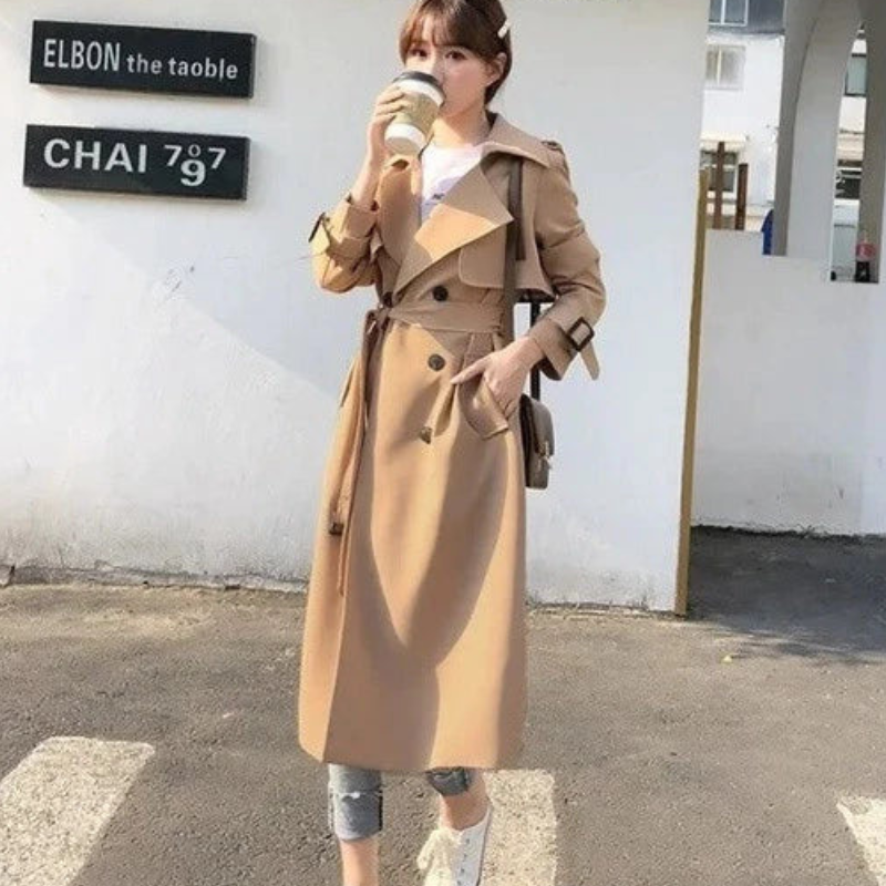 Women's Long Trench Coat with Belt and Long Sleeves