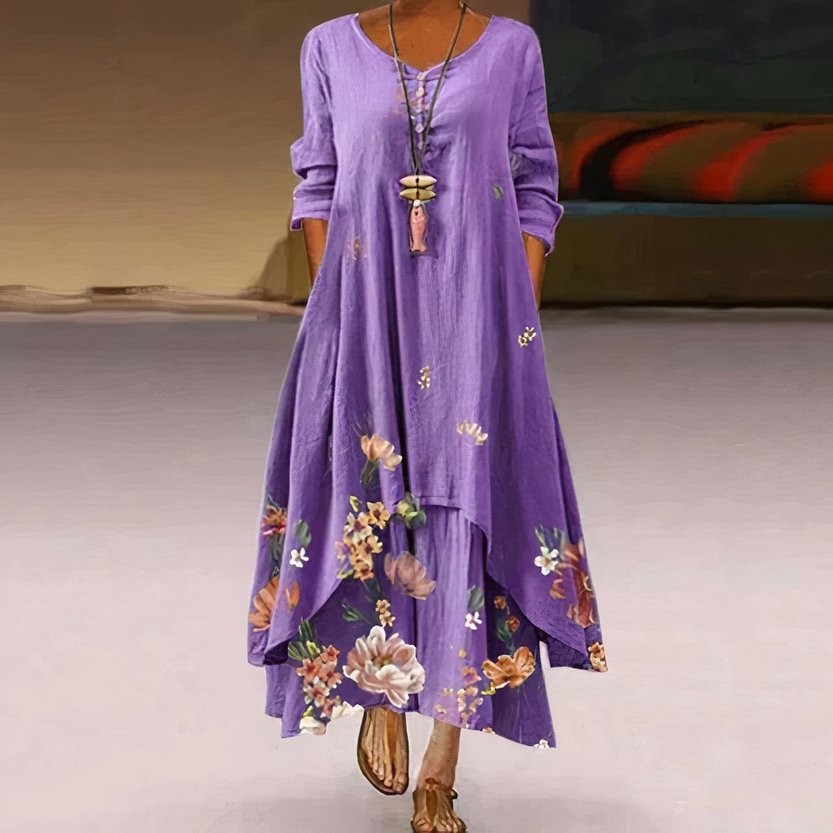 Women's Loose Floral Hem Long Sleeve Round Neck Boho Maxi Dress