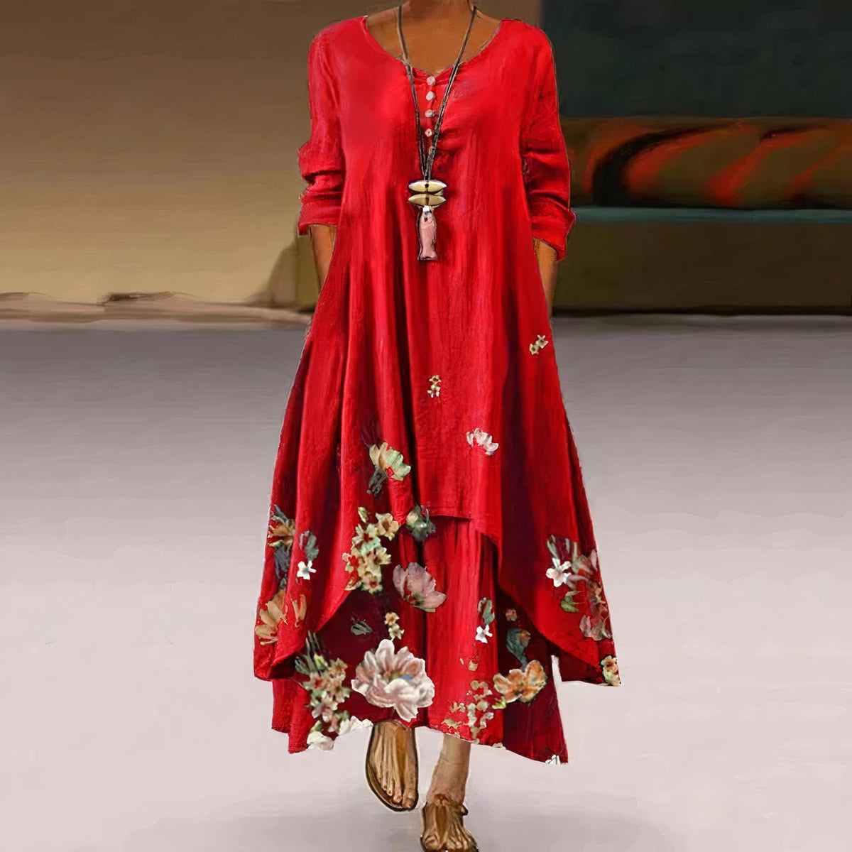 Women's Loose Floral Hem Long Sleeve Round Neck Boho Maxi Dress