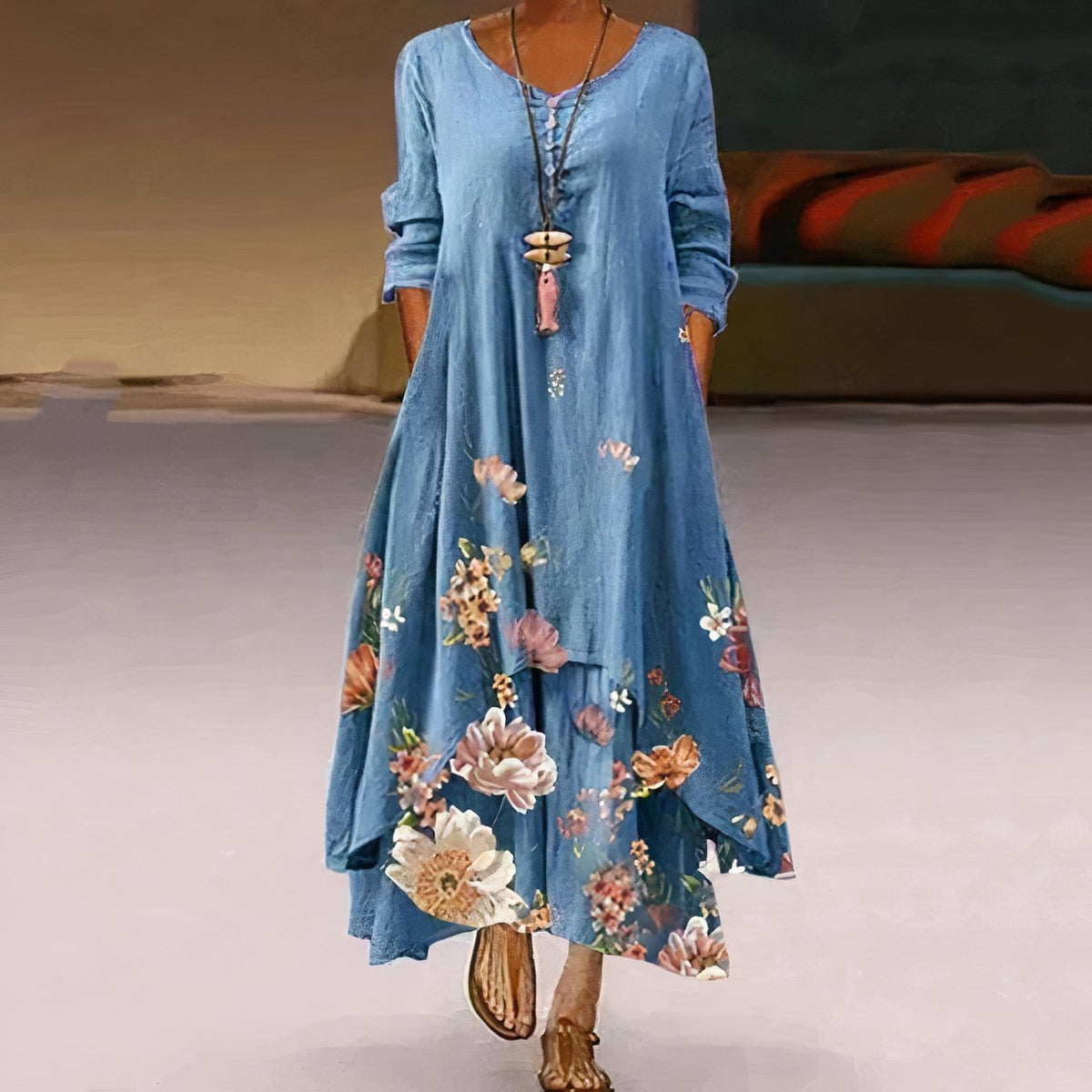 Women's Loose Floral Hem Long Sleeve Round Neck Boho Maxi Dress
