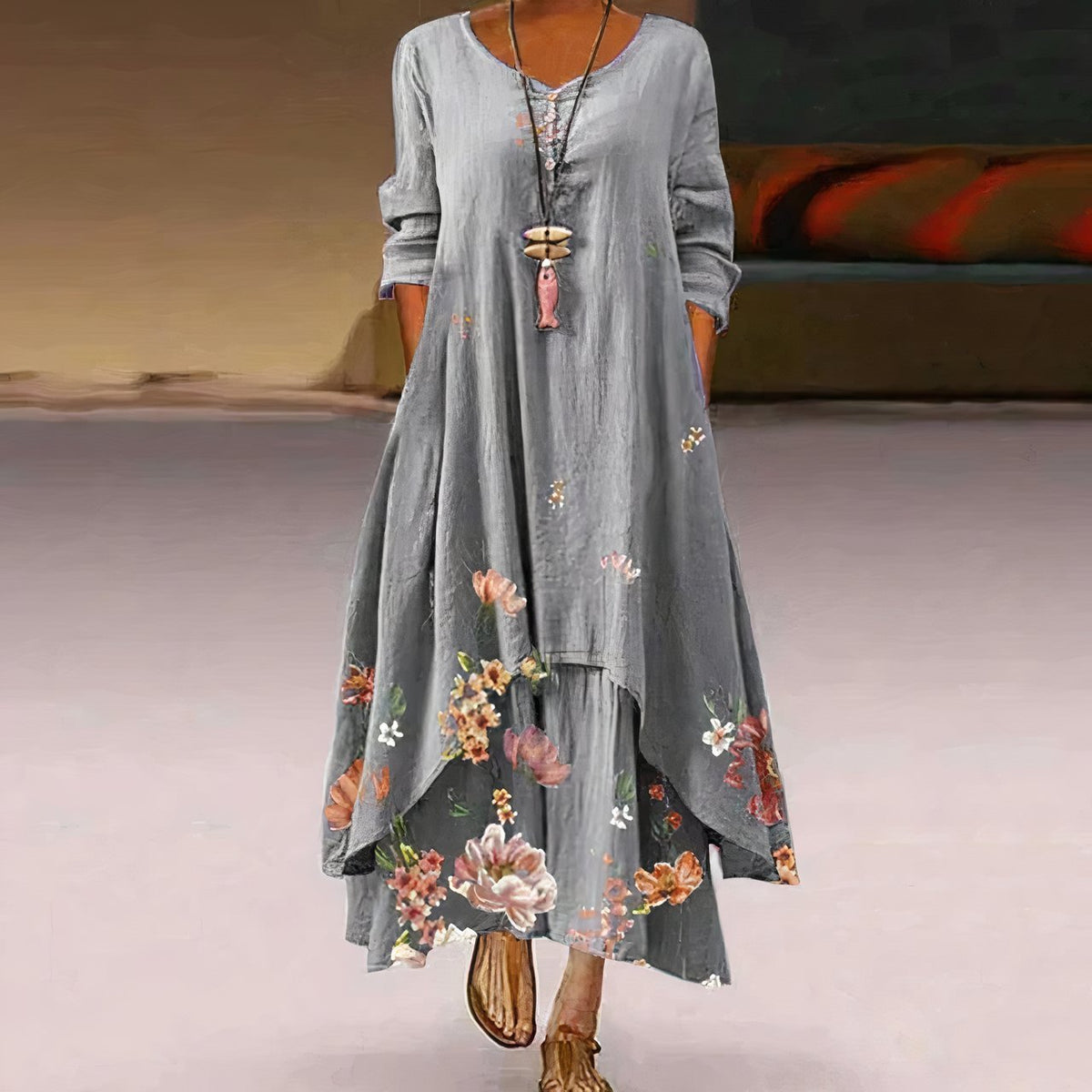 Women's Loose Floral Hem Long Sleeve Round Neck Boho Maxi Dress