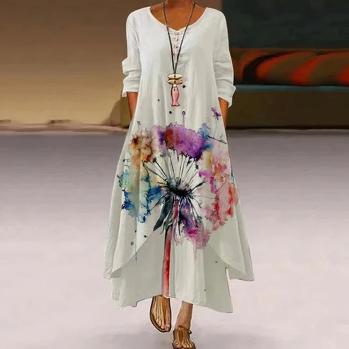 Women's Loose Floral Hem Long Sleeve Round Neck Boho Maxi Dress