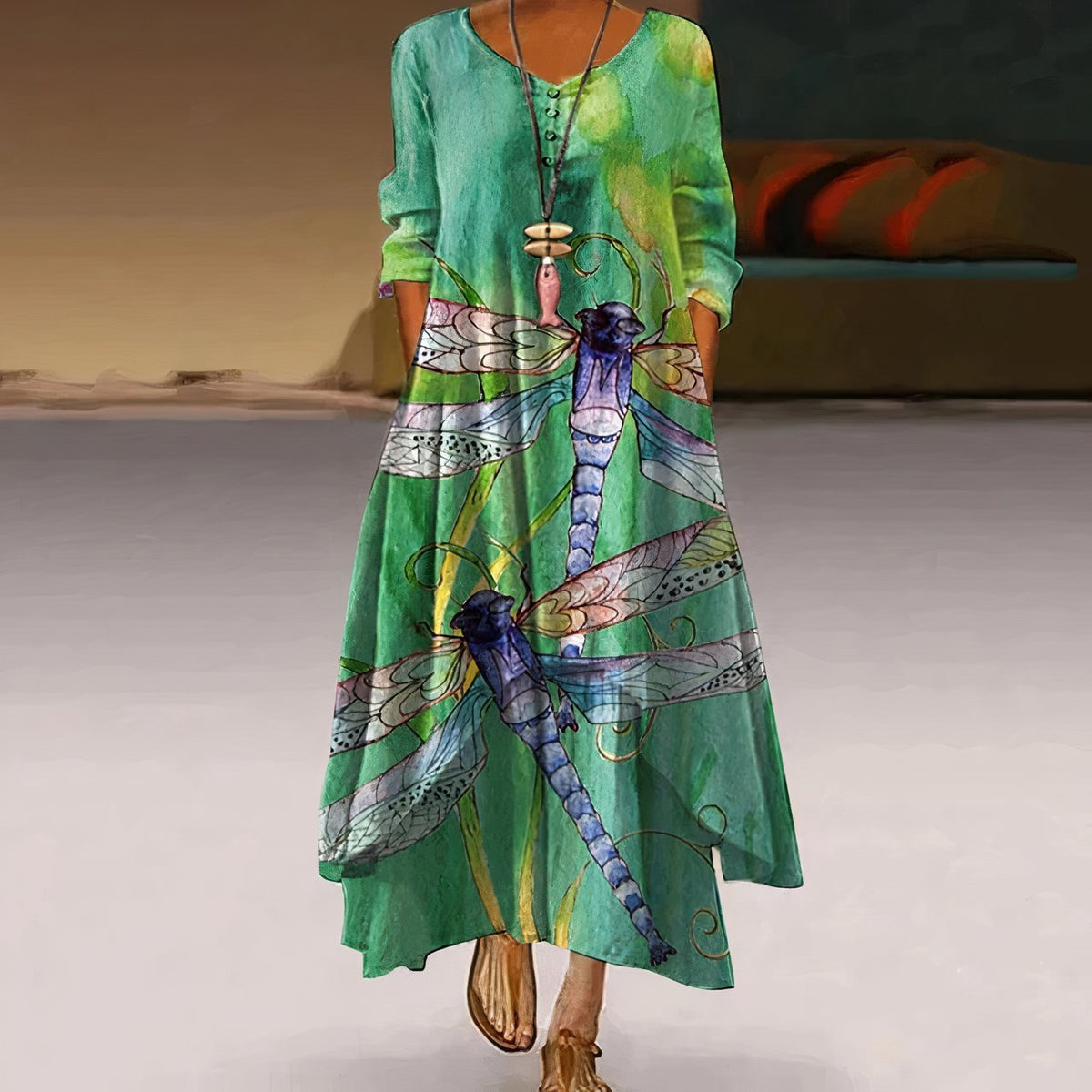 Women's Loose Floral Hem Long Sleeve Round Neck Boho Maxi Dress