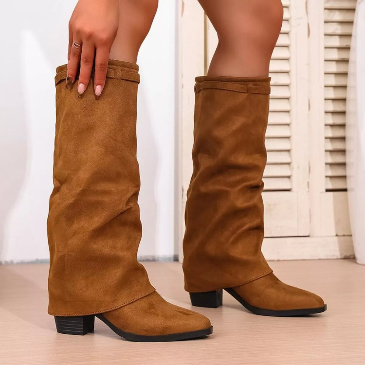 Women's Mid-Calf Slouch Block Heel Boots