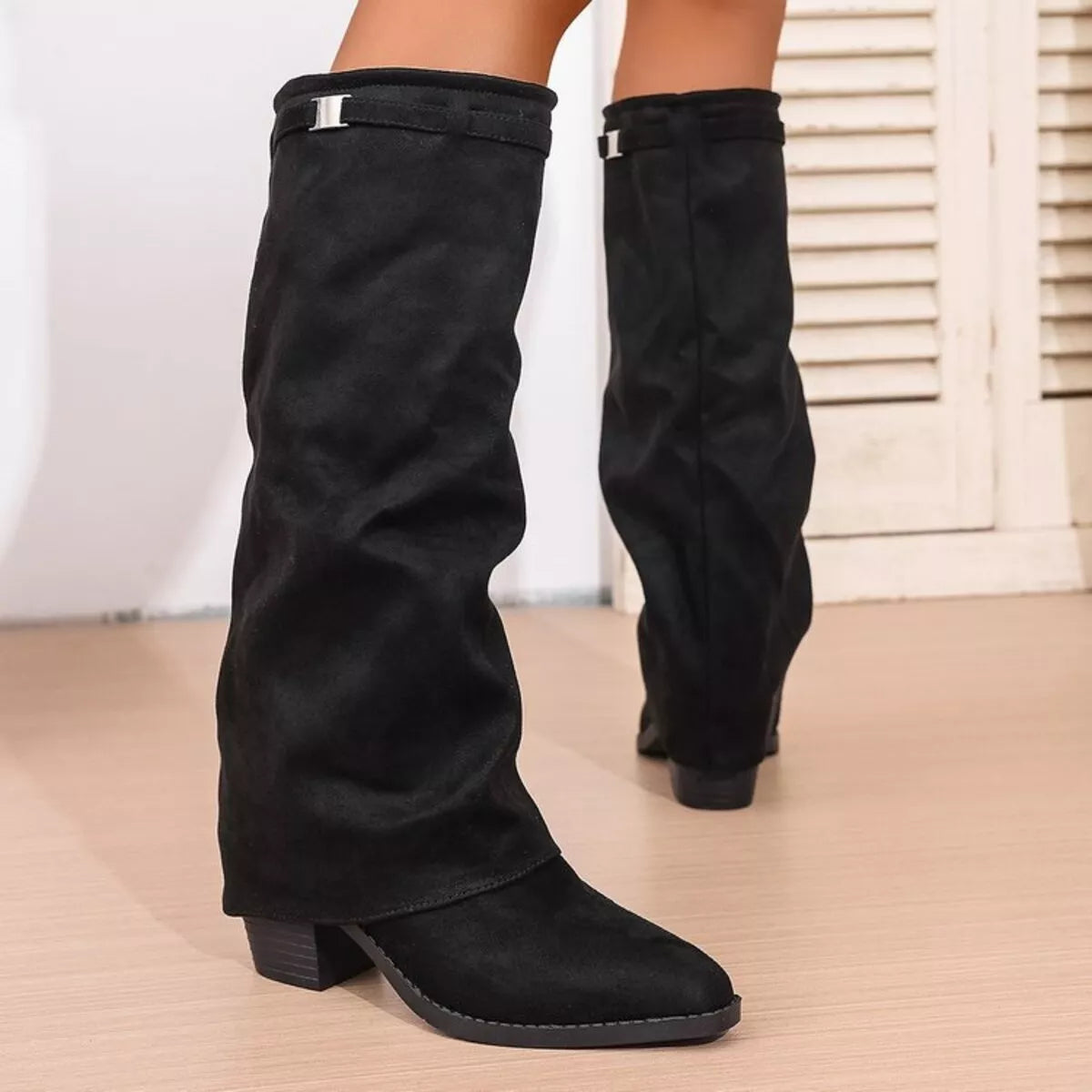 Women's Mid-Calf Slouch Block Heel Boots