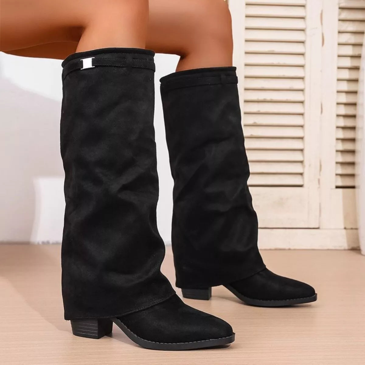 Women's Mid-Calf Slouch Block Heel Boots
