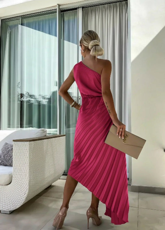 Women's One-Shoulder 3D Floral Pleated Midi Dress