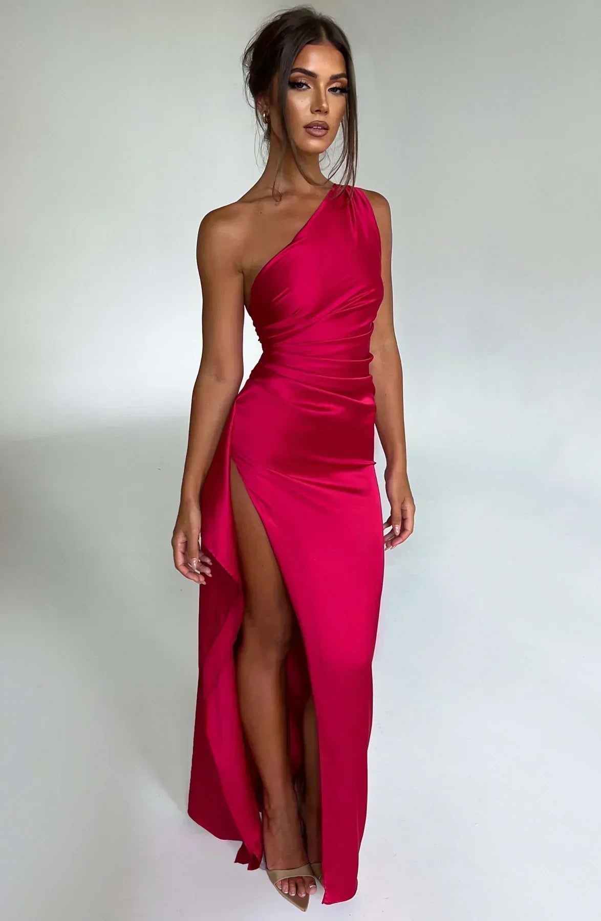 Women's One-Shoulder Ruched Maxi Dress with High Slit