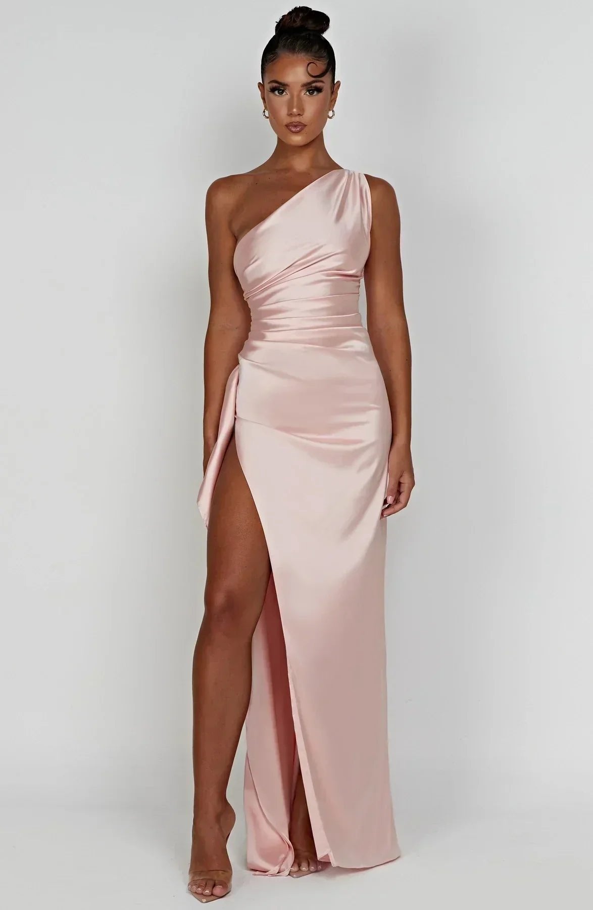 Women's One-Shoulder Ruched Maxi Dress with High Slit