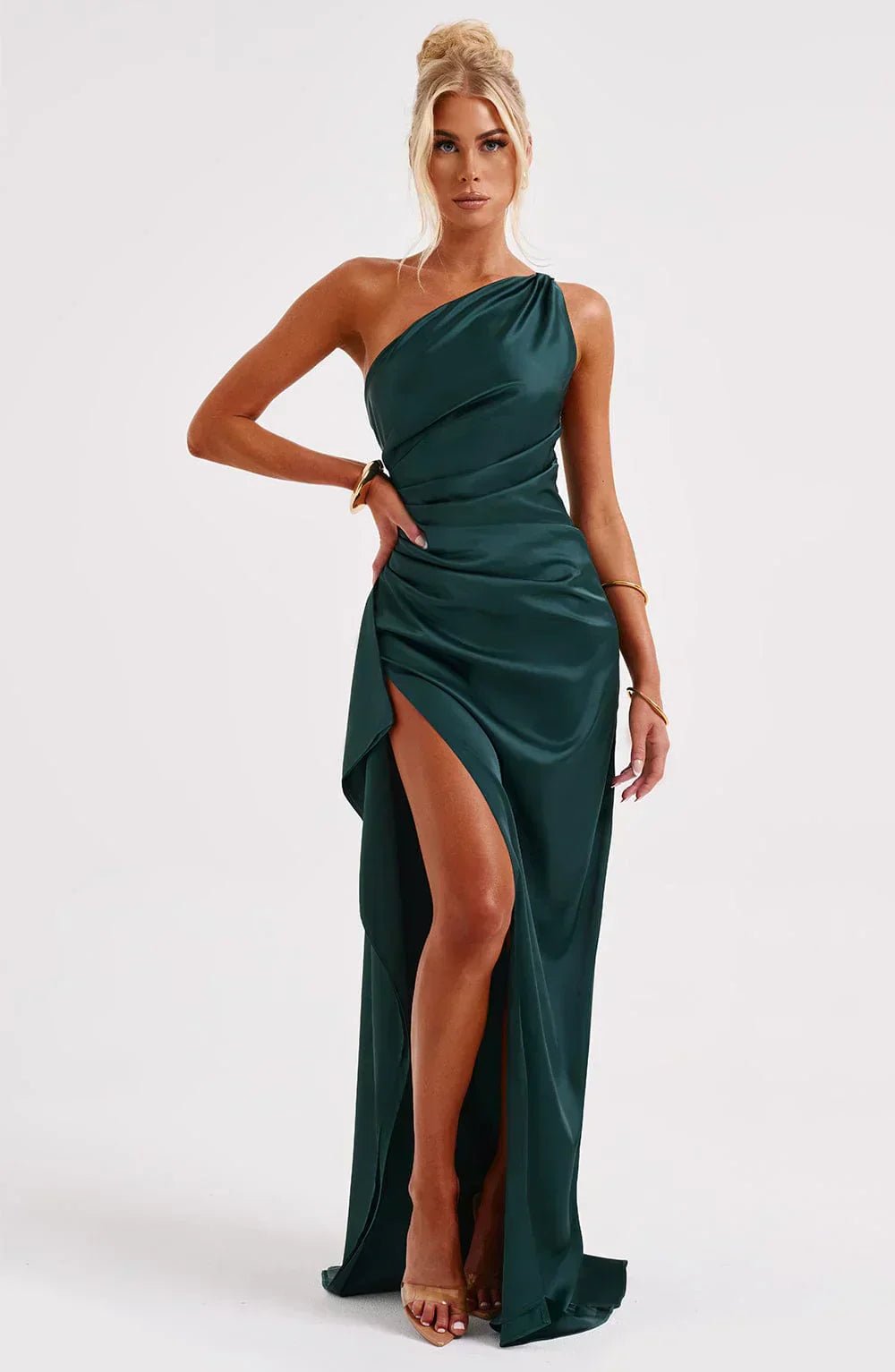 Women's One-Shoulder Ruched Maxi Dress with High Slit