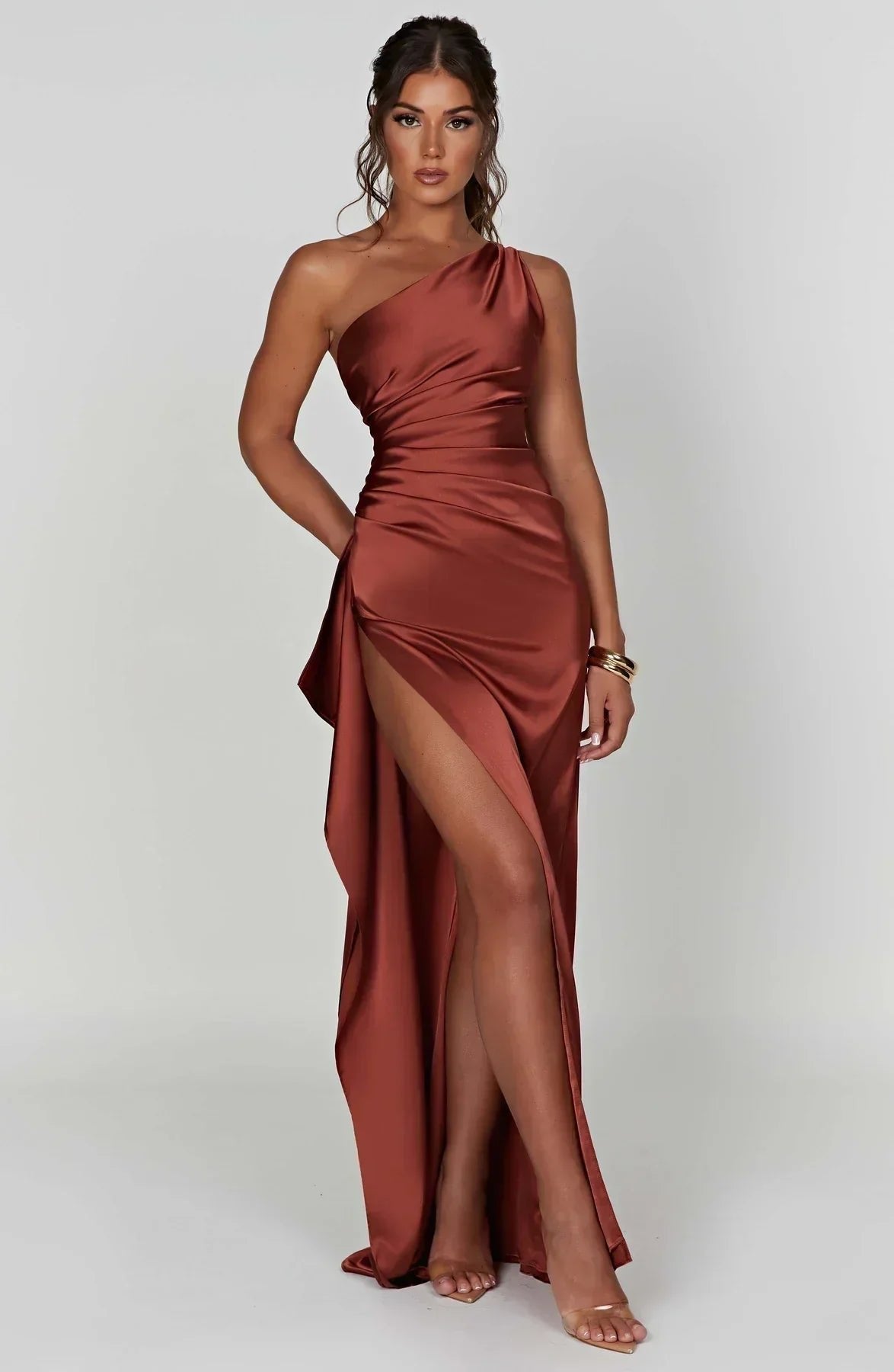Women's One-Shoulder Ruched Maxi Dress with High Slit