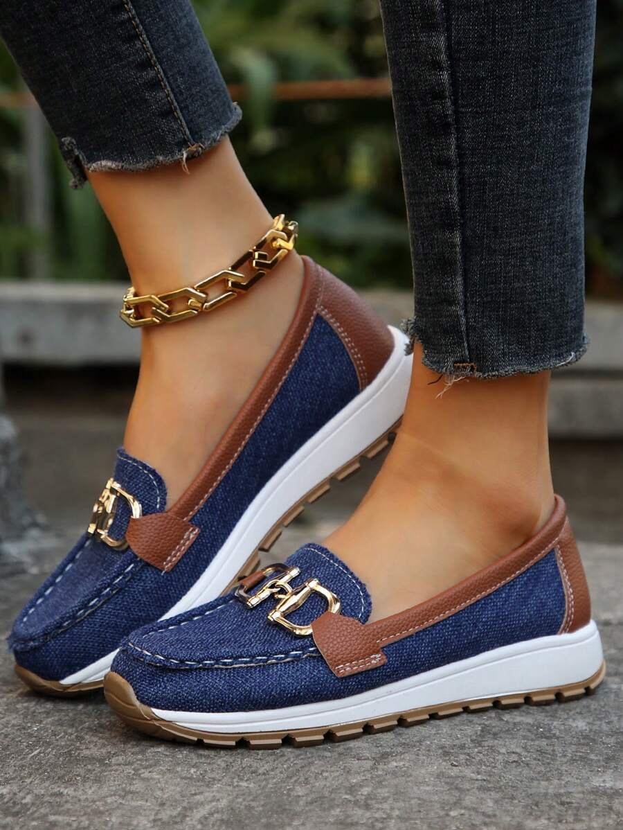 Women's Orthopedic Slip-On Loafers with Gold Buckle and Non-Slip Flat Sole