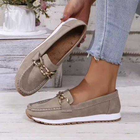 Women's Orthopedic Slip-On Loafers with Gold Buckle and Non-Slip Flat Sole