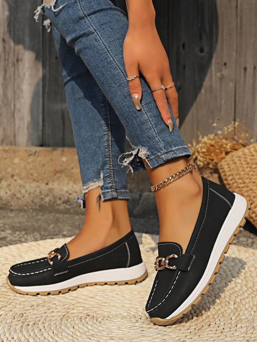Women's Orthopedic Slip-On Loafers with Gold Buckle and Non-Slip Flat Sole