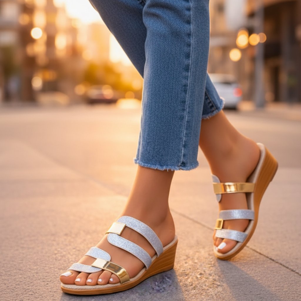 Women's Orthopedic Slip-On Sandals with Glitter and Gold Accents