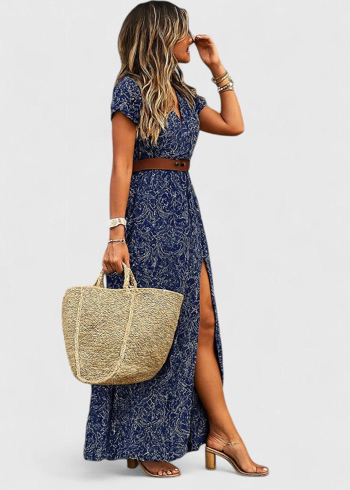Women's Paisley V-Neck Short Sleeve Belted Boho Maxi Dress