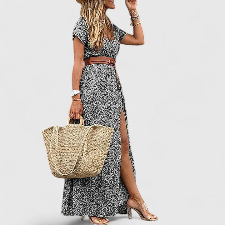 Women's Paisley V-Neck Short Sleeve Belted Boho Maxi Dress