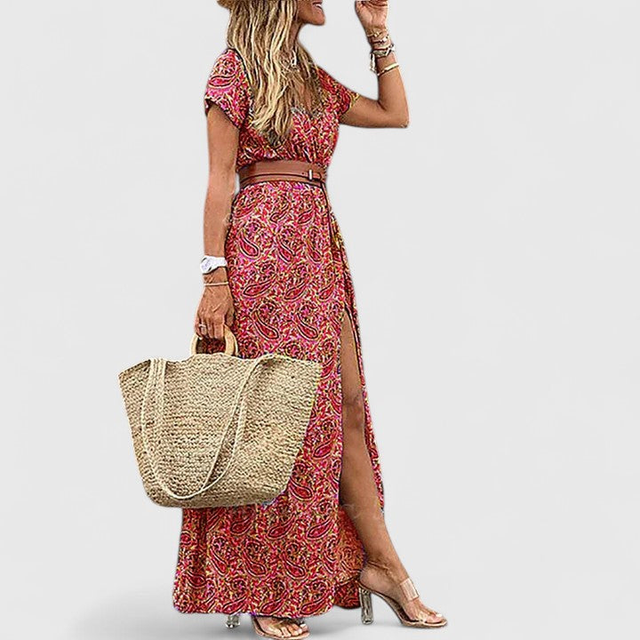 Women's Paisley V-Neck Short Sleeve Belted Boho Maxi Dress