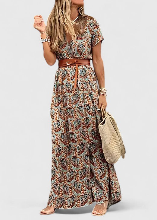 Women's Paisley V-Neck Short Sleeve Belted Boho Maxi Dress