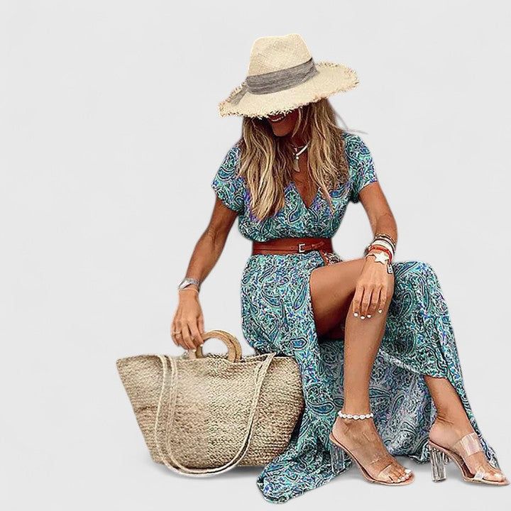 Women's Paisley V-Neck Short Sleeve Belted Boho Maxi Dress