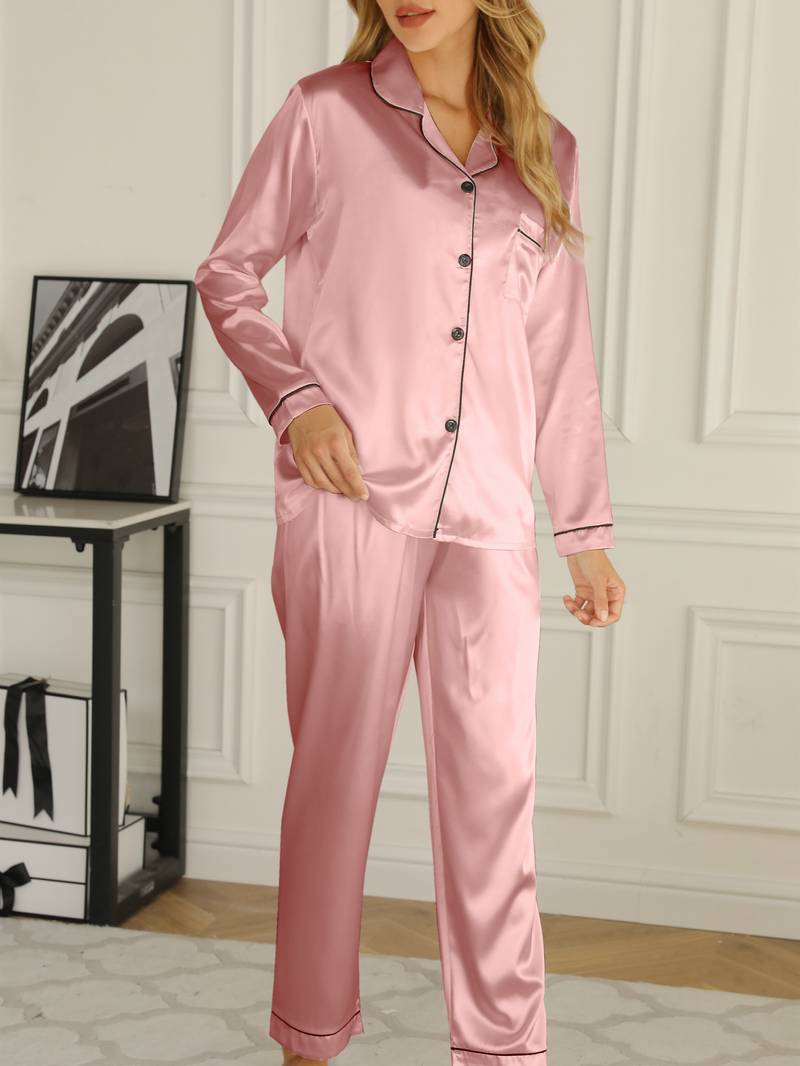 Women's Pajama Set with Button-Up Shirt and Long Pants