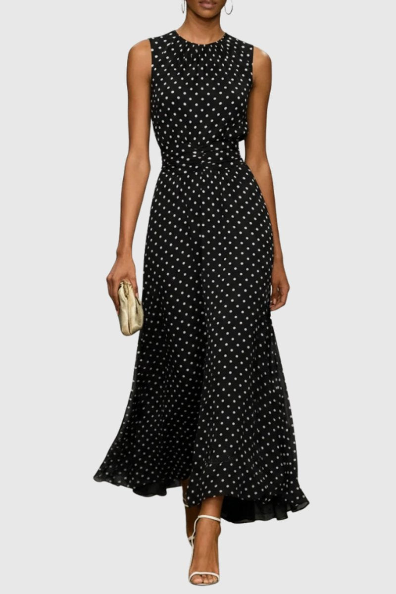Women's Polka Dot Sleeveless Ruffle-Hem Maxi Evening Gown