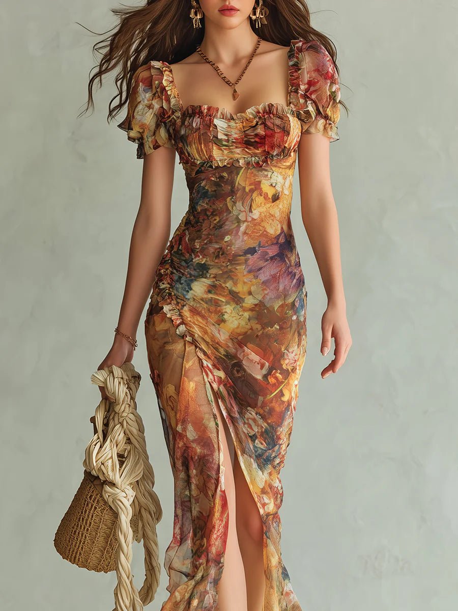 Women's Ruched Sweetheart-Neck Floral Maxi Dress - Autumn Wedding Guest
