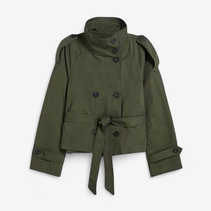 Women's Short Double-Breasted Trench Coat with Stand Collar